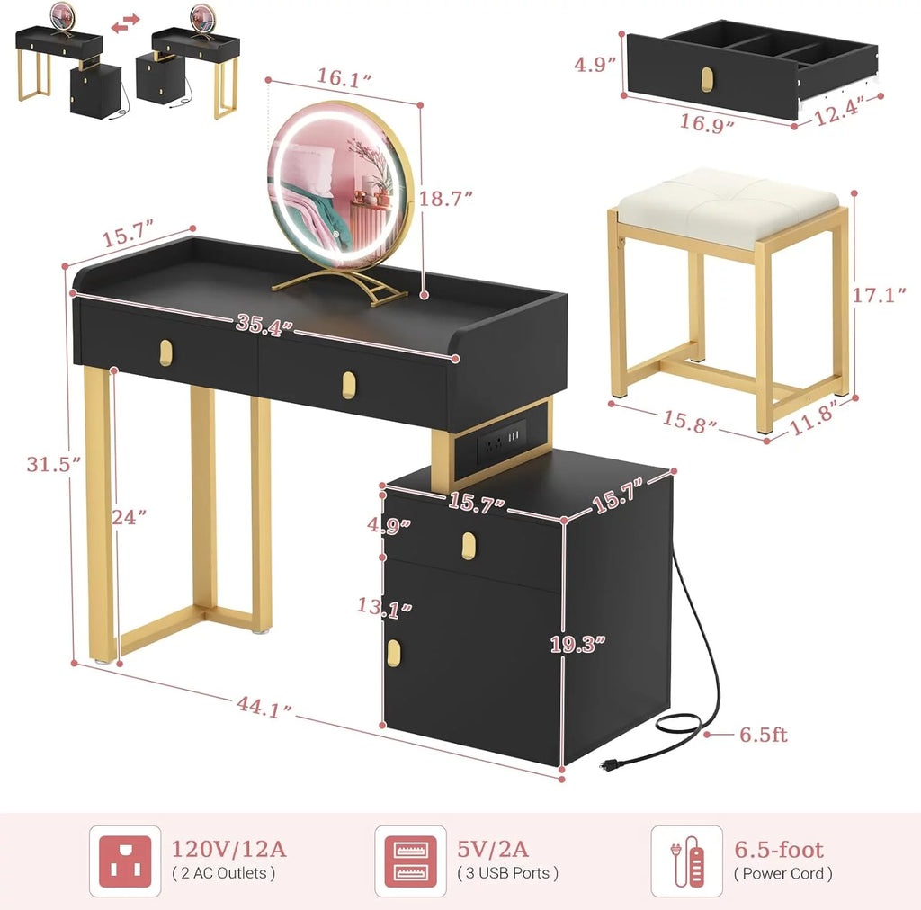 Black Vanity Desk with Lighted Mirror and Chair O780