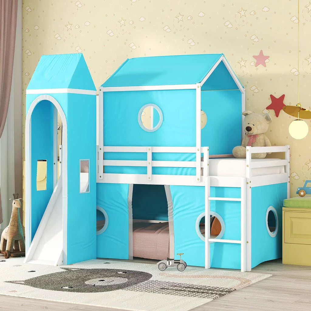 Blue Low Loft Bed with Slide and Curtains U9185