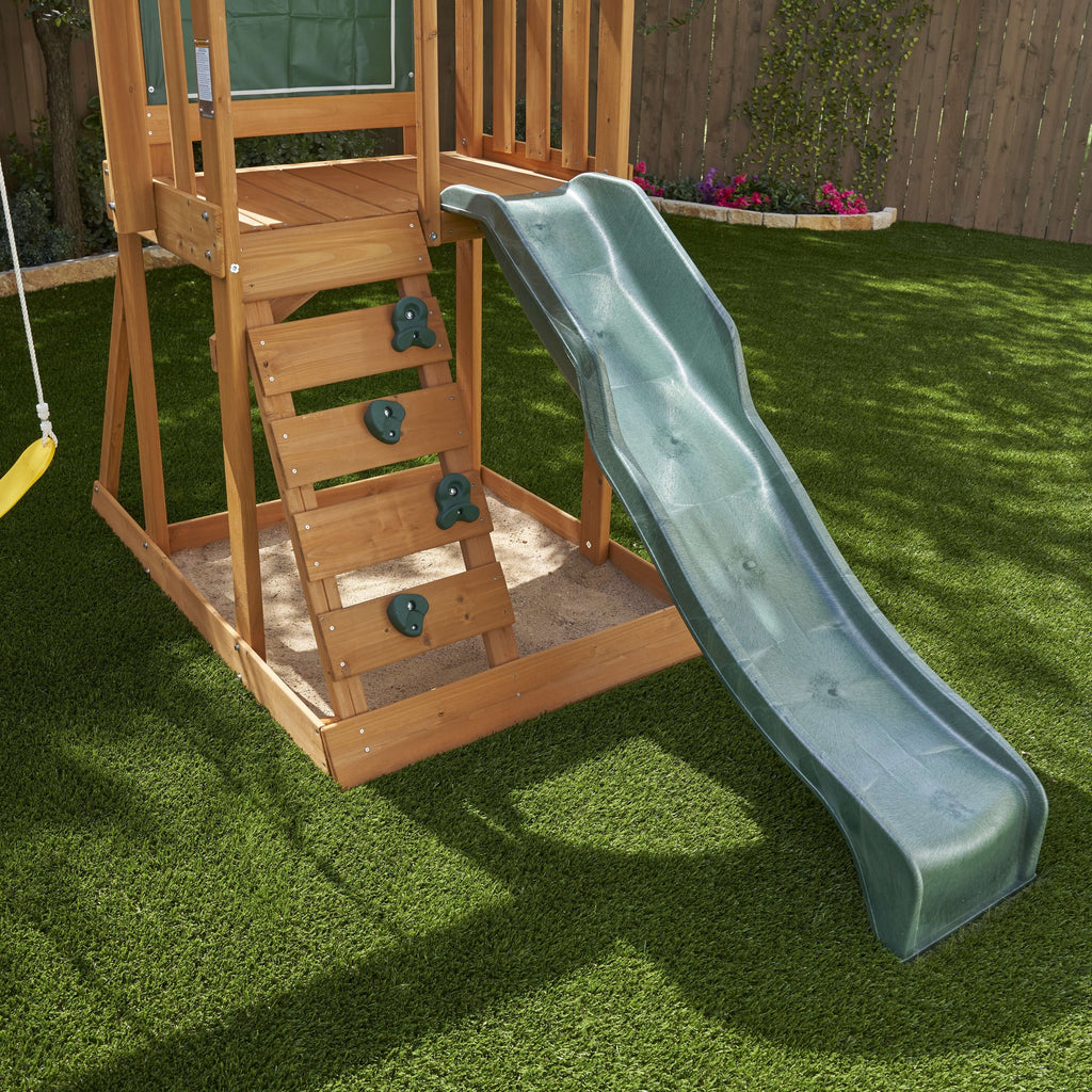 Wooden Outdoor Swing Set with Slide and Rock Wall R415295
