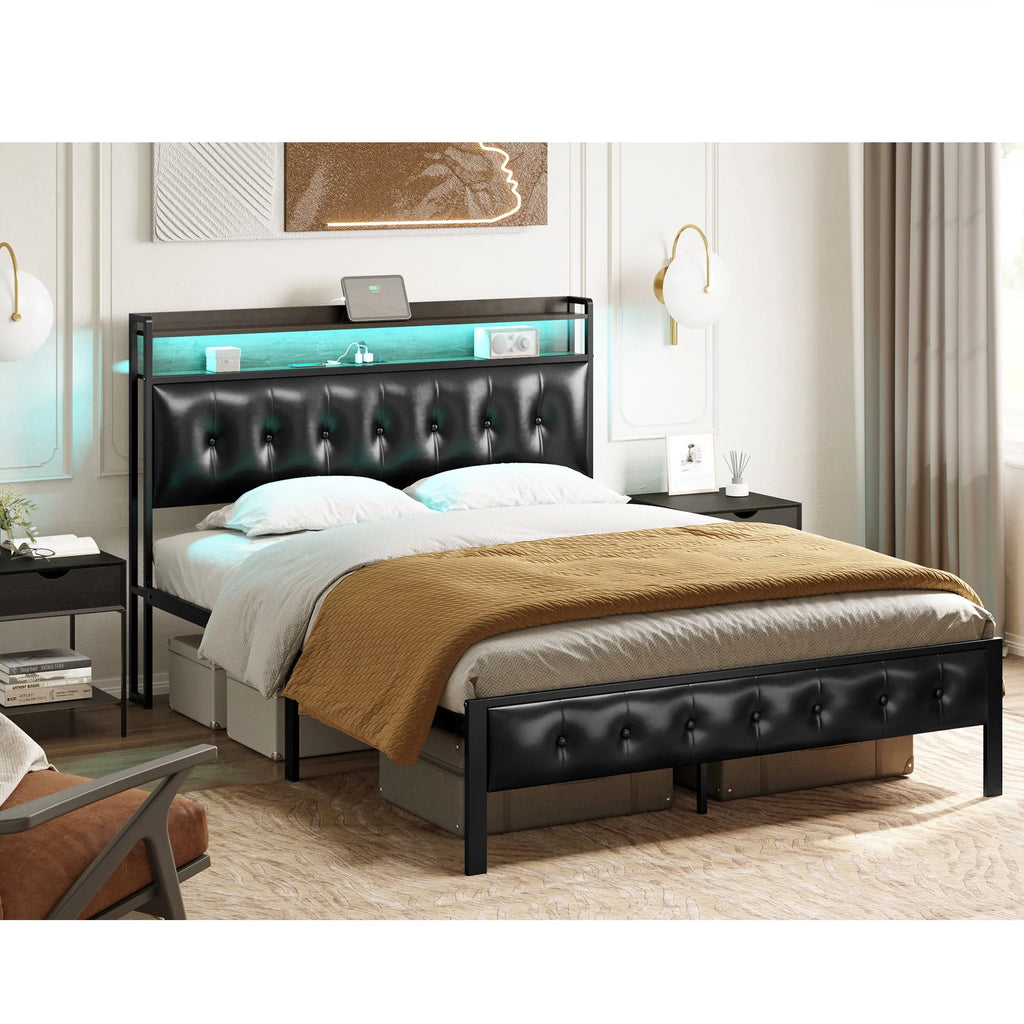Queen Upholstered Platform Bed Frame with Storage Headboard H128149