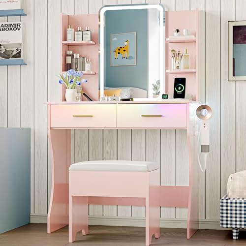 White Vanity Desk with LED Lights Mirror & Chair H709875