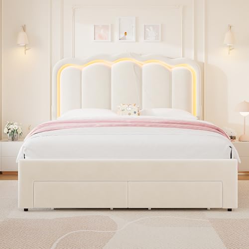 Beige Velvet Twin Upholstered Platform Bed with Storage Drawer Y7404