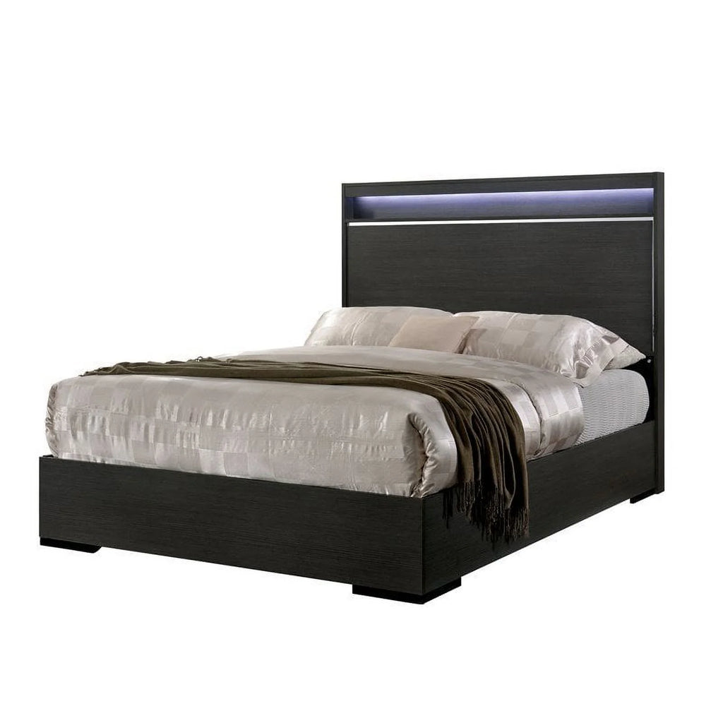 Warm Gray Wood King Panel Bed with LED Lights H134