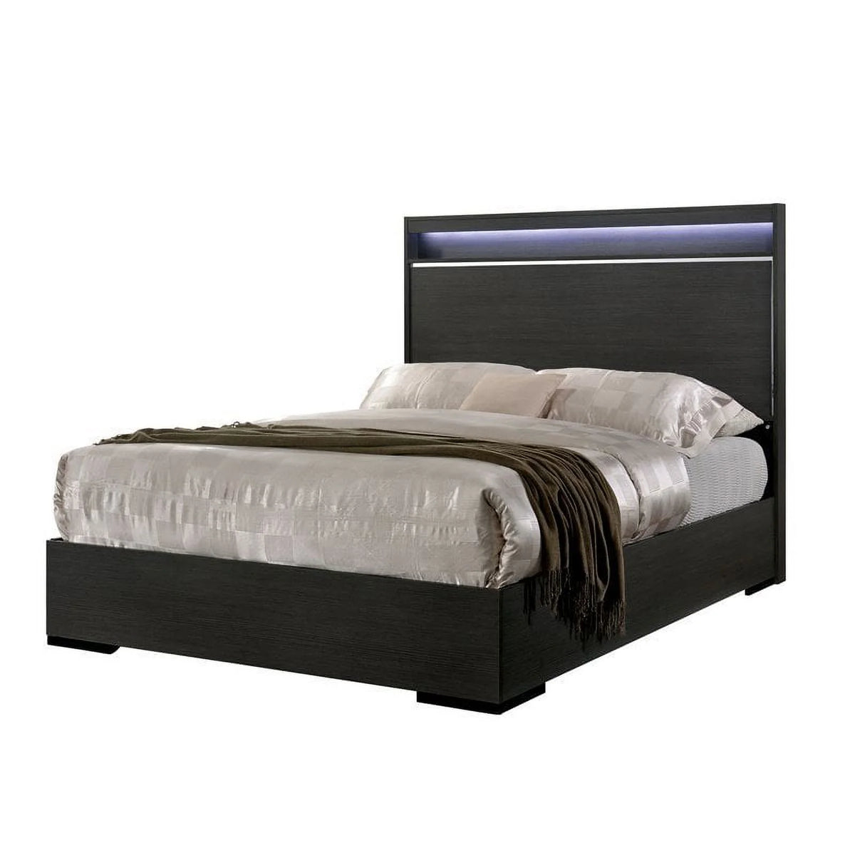 Warm Gray Wood King Panel Bed with LED Lights H134