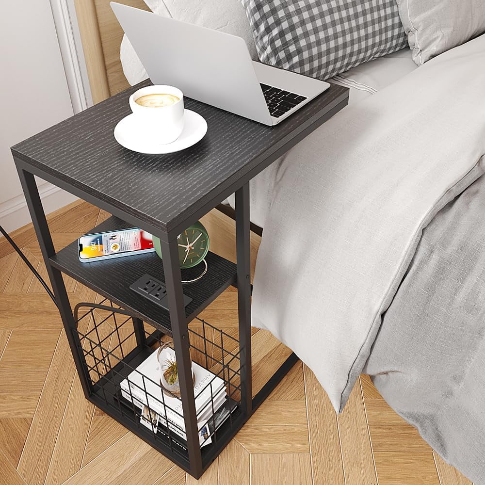 C Shaped End Table with Charging Station, Black H259773