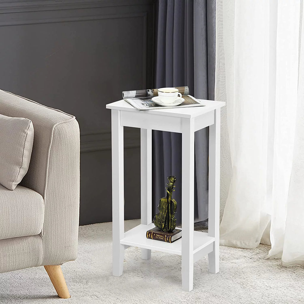 2-Tier End Table with Shelf and Wooden Legs, White R81983