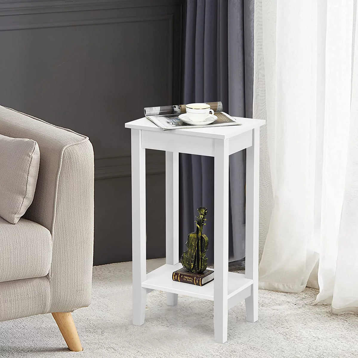 2-Tier End Table with Shelf and Wooden Legs, White R81983