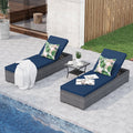 Navy Blue PE Rattan 3 Piece Chaise Lounge Chair with Coffee Table E486