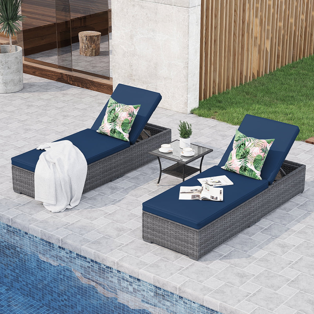 Navy Blue PE Rattan 3 Piece Chaise Lounge Chair with Coffee Table E486