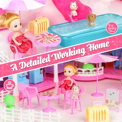 4-Story 12 Rooms Pink Dollhouse with Doll and Furniture J787