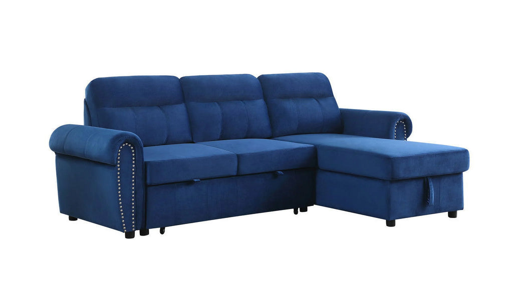 Blue Velvet Reversible Sleeper Sectional Sofa Chaise R396