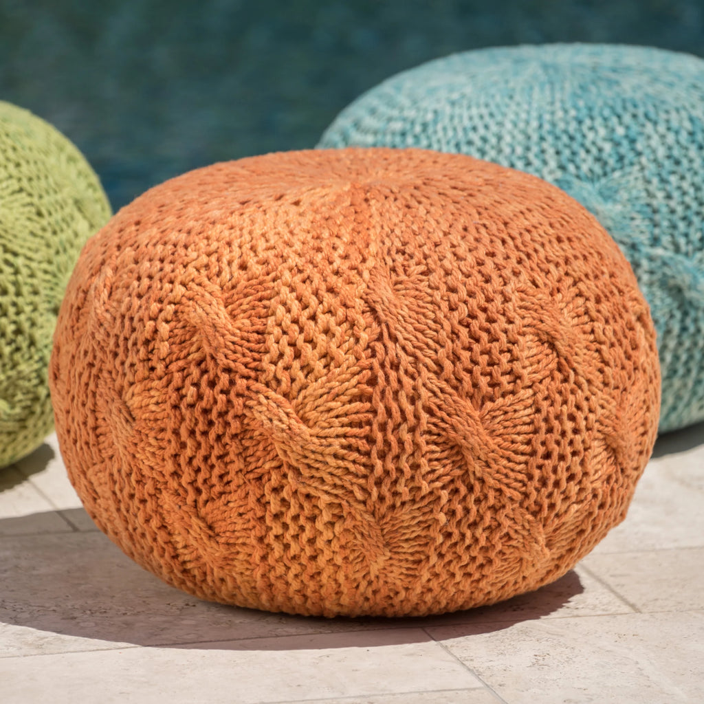 Orange Hand Knitted Weave Fabric Pouf S48730