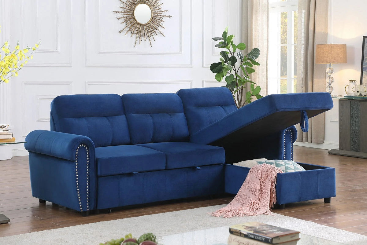 Blue Velvet Reversible Sleeper Sectional Sofa Chaise R396