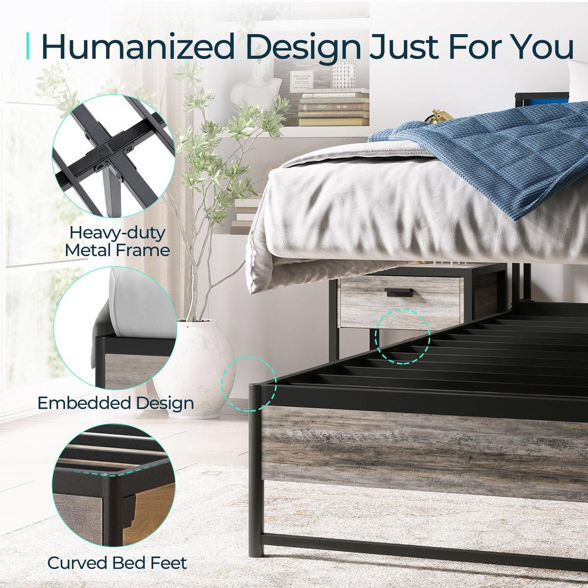 Full Size Platform Bed Frame with Headboard and Storage Shelves B934021