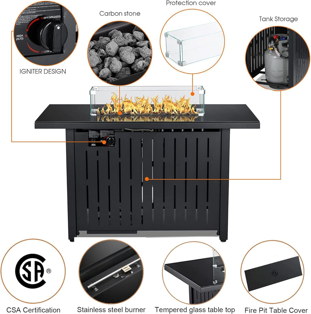 43 Inch 50,000 BTU Propane Fire Pit Table with Glass Wind Guard B983637