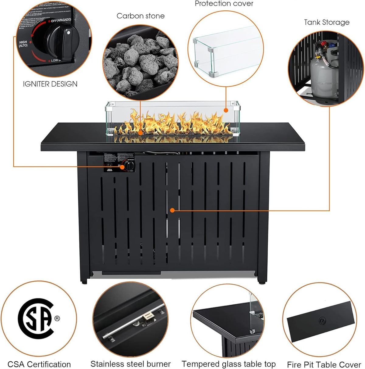 43 Inch 50,000 BTU Propane Fire Pit Table with Glass Wind Guard B983637