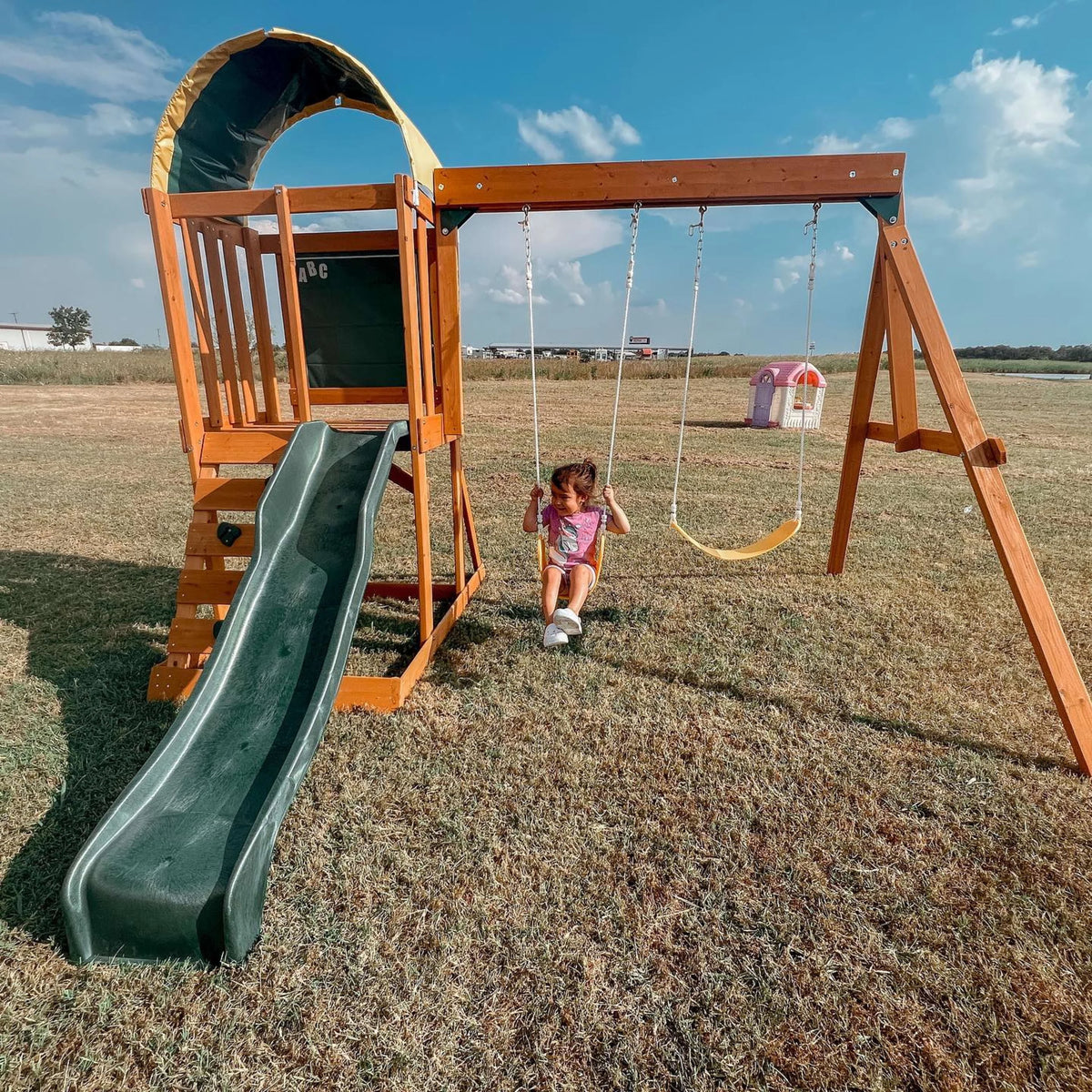 Wooden Outdoor Swing Set with Slide and Rock Wall R415295