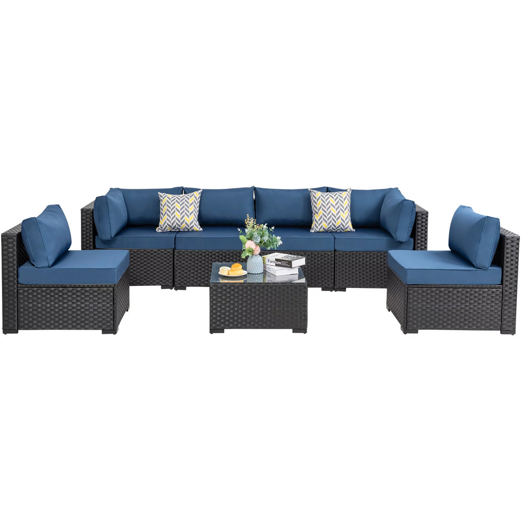 7 Pieces Black Wicker Outdoor Sectional Sofa Set with Tea Table Q666626