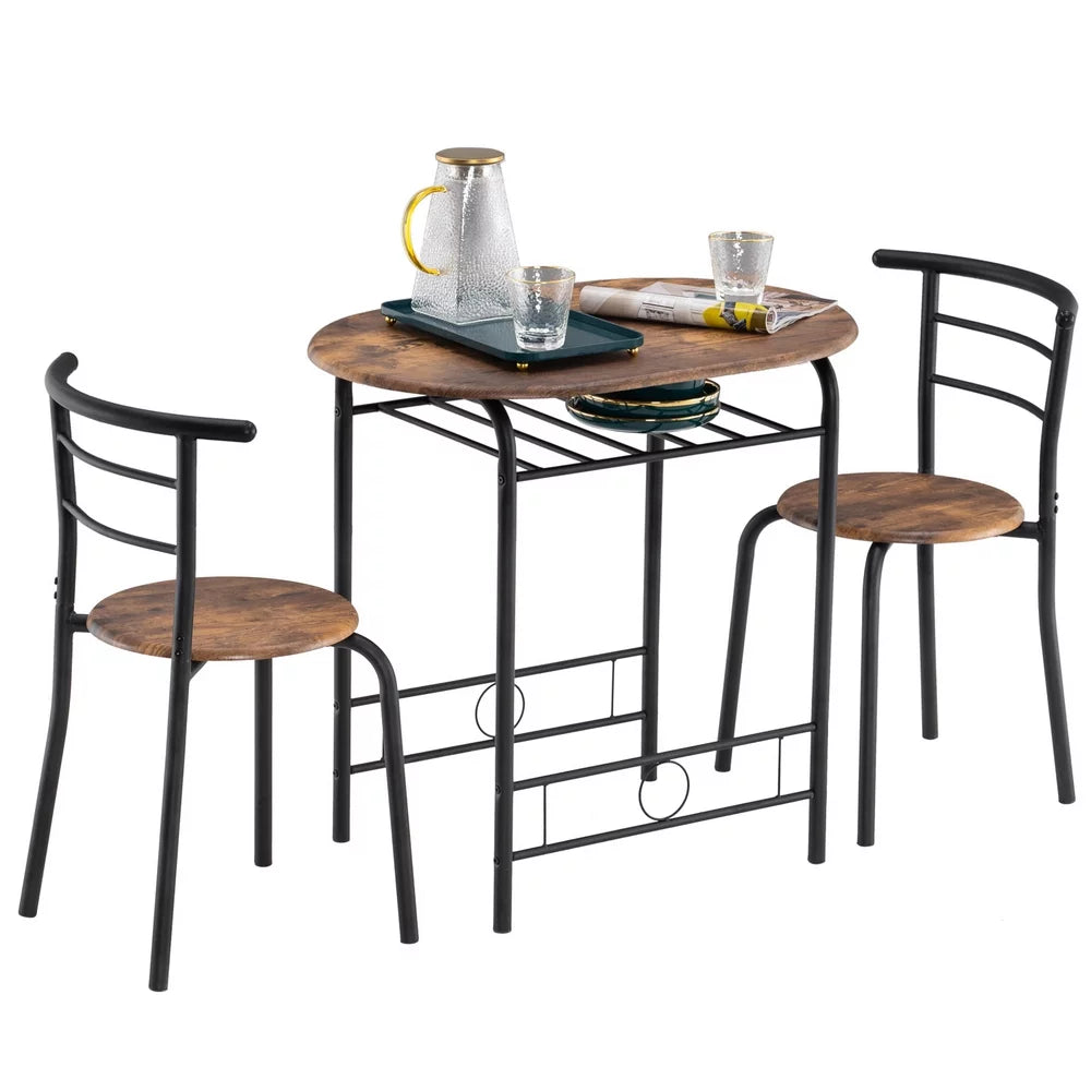 Brown 3 Pieces Dining Table and Chair Set with Storage Rack J448