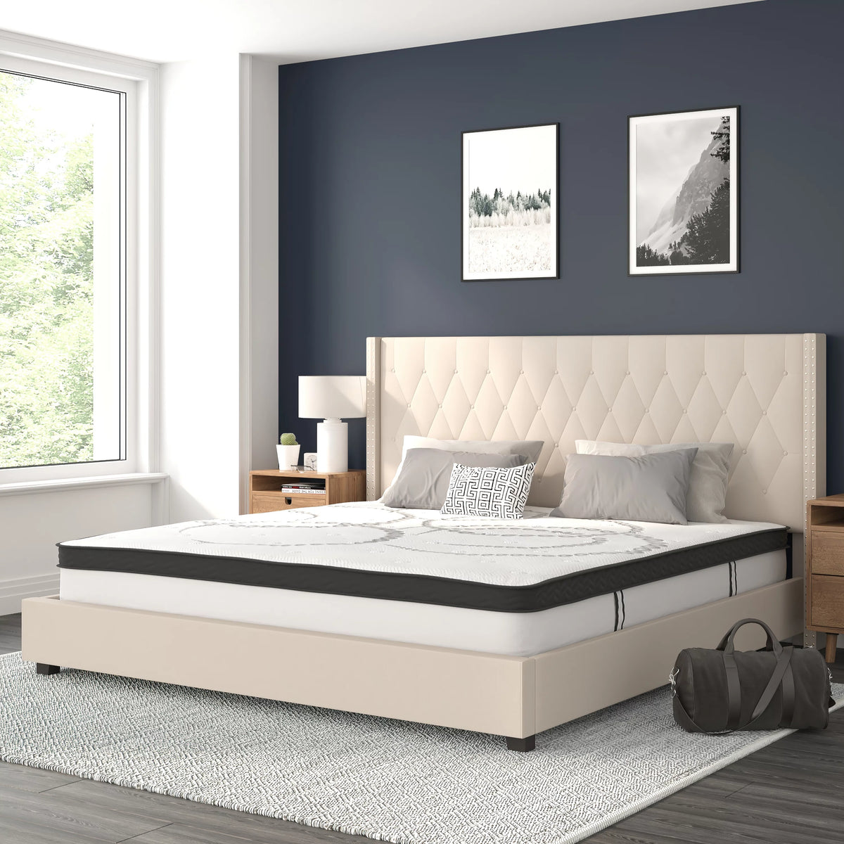 King Size Tufted Upholstered Platform Bed with Pocket Spring Mattress M414025