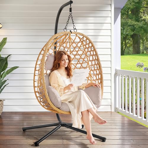 Beige Wicker Rattan Egg Chair with Stand U744530