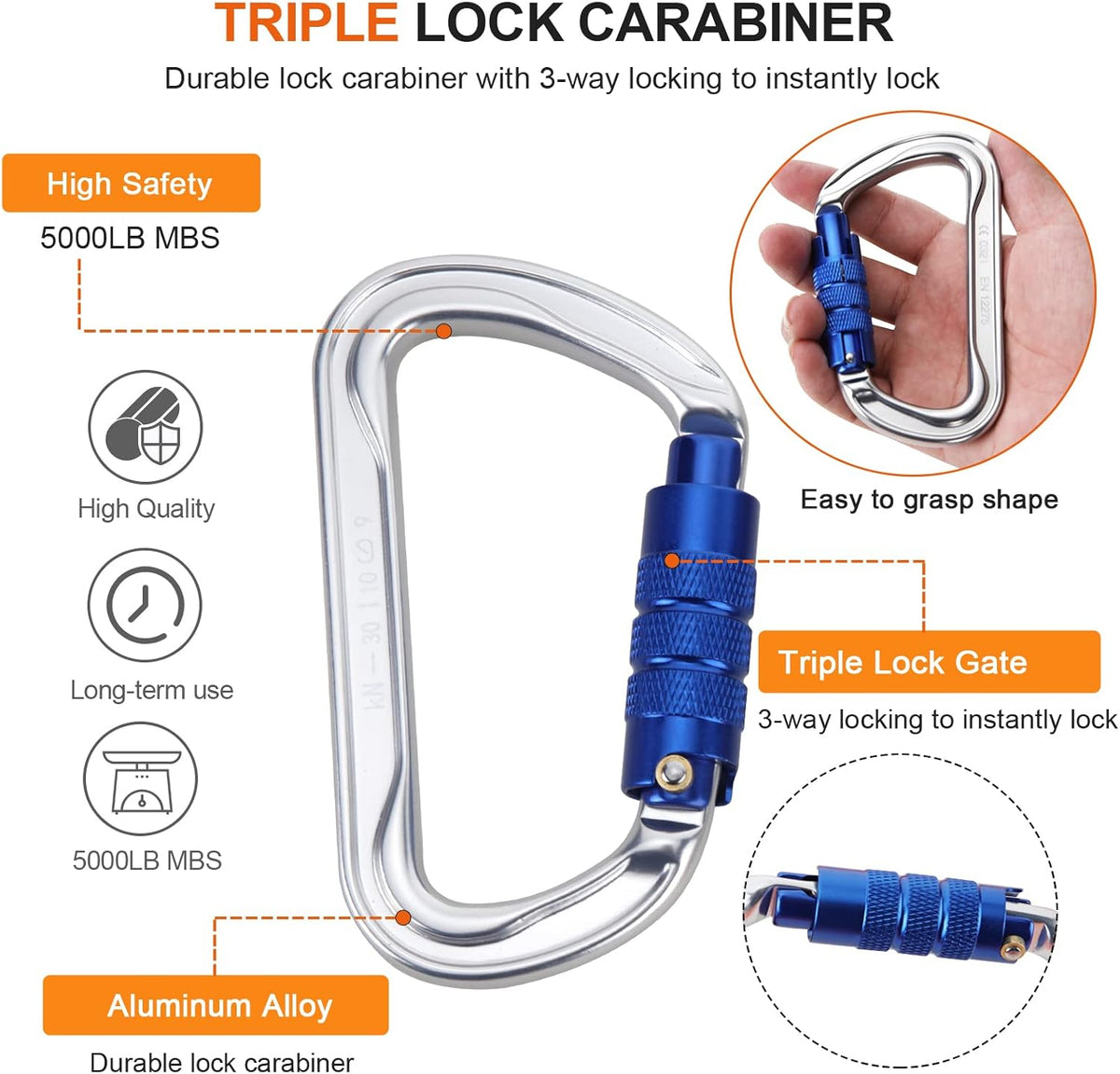 Steel Wire Core Flipline Rope Kit 5/8 x 12 ft with Triple Lock Carabiner Pack of 2 W151