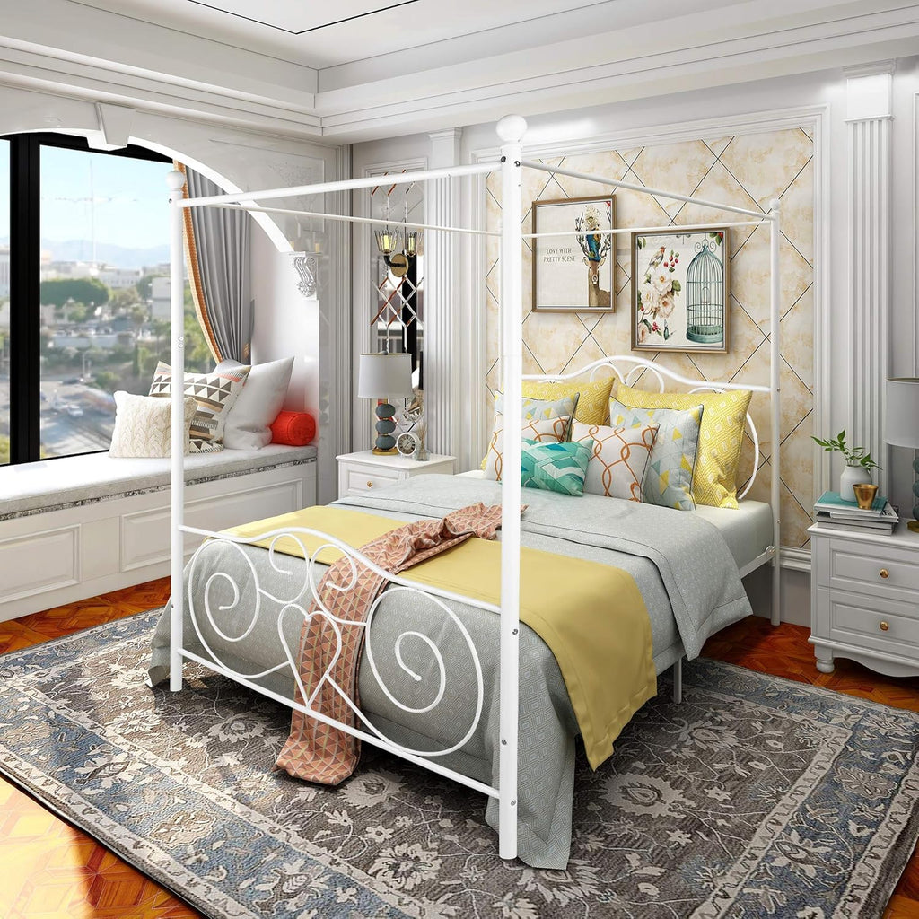 White Full Steel Canopy Bed Frame with Headboard and Footboard J525243
