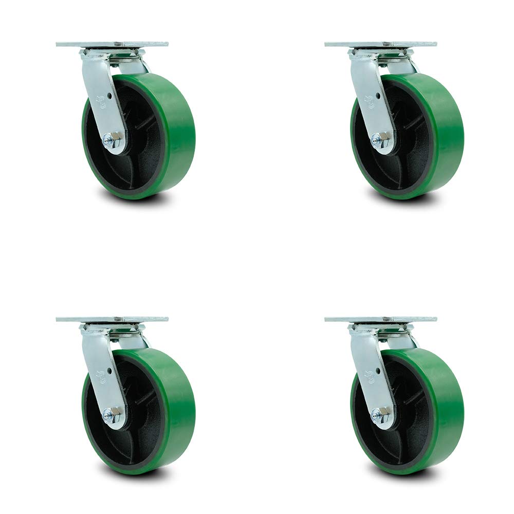 Polyurethane Cast Iron Swivel Caster with 8 x 2 Green Wheel and Brake, Pack of 2 N9808