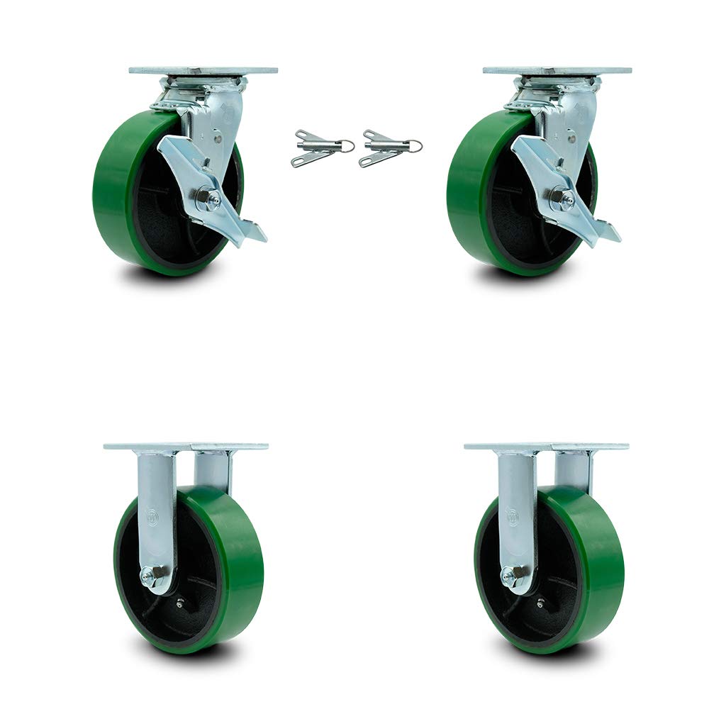 Polyurethane Cast Iron Swivel Caster with 8 x 2 Green Wheel and Brake, Pack of 2 N9808