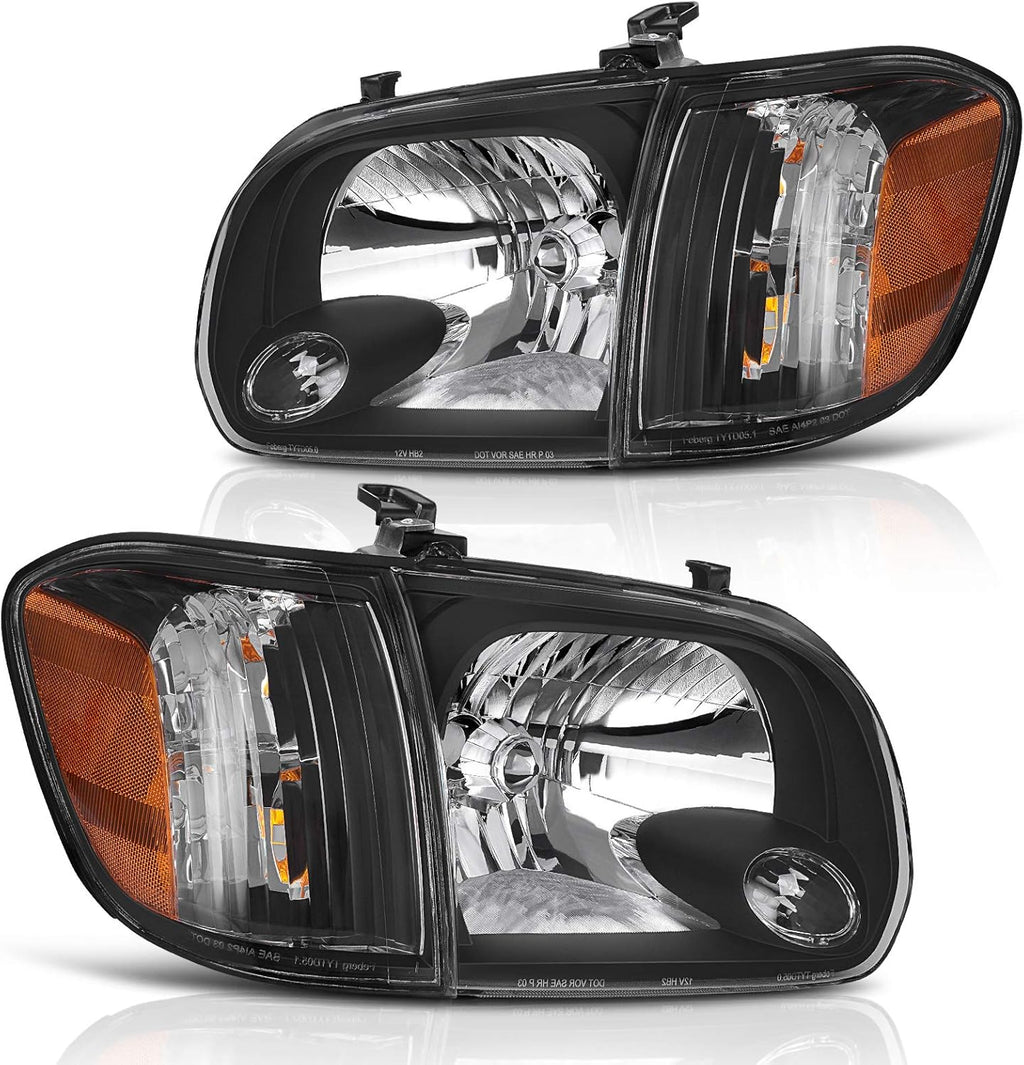 Headlight Assembly Pair Black Housing Amber Reflector C5241