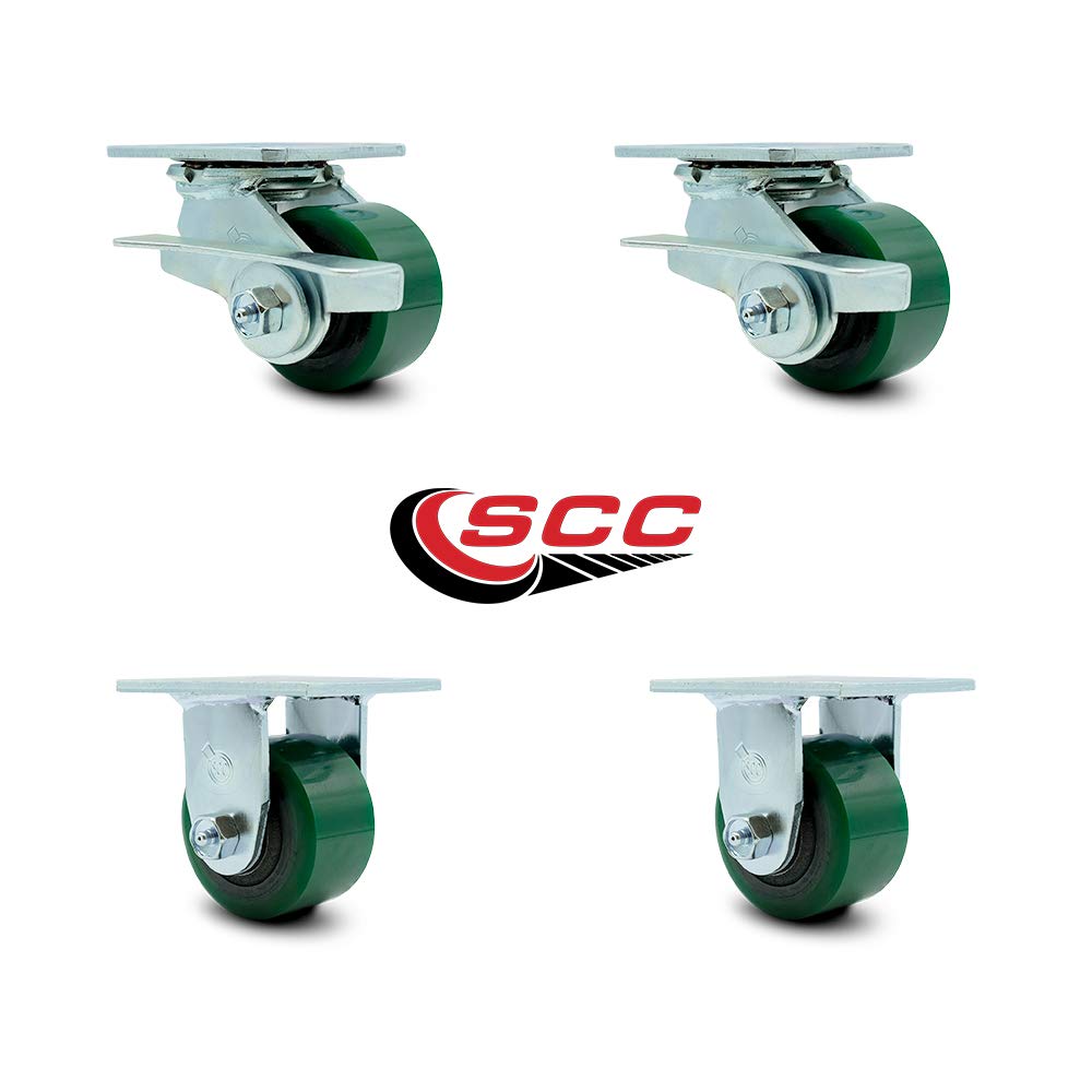Polyurethane Cast Iron Swivel Caster with 8 x 2 Green Wheel and Brake, Pack of 2 N9808