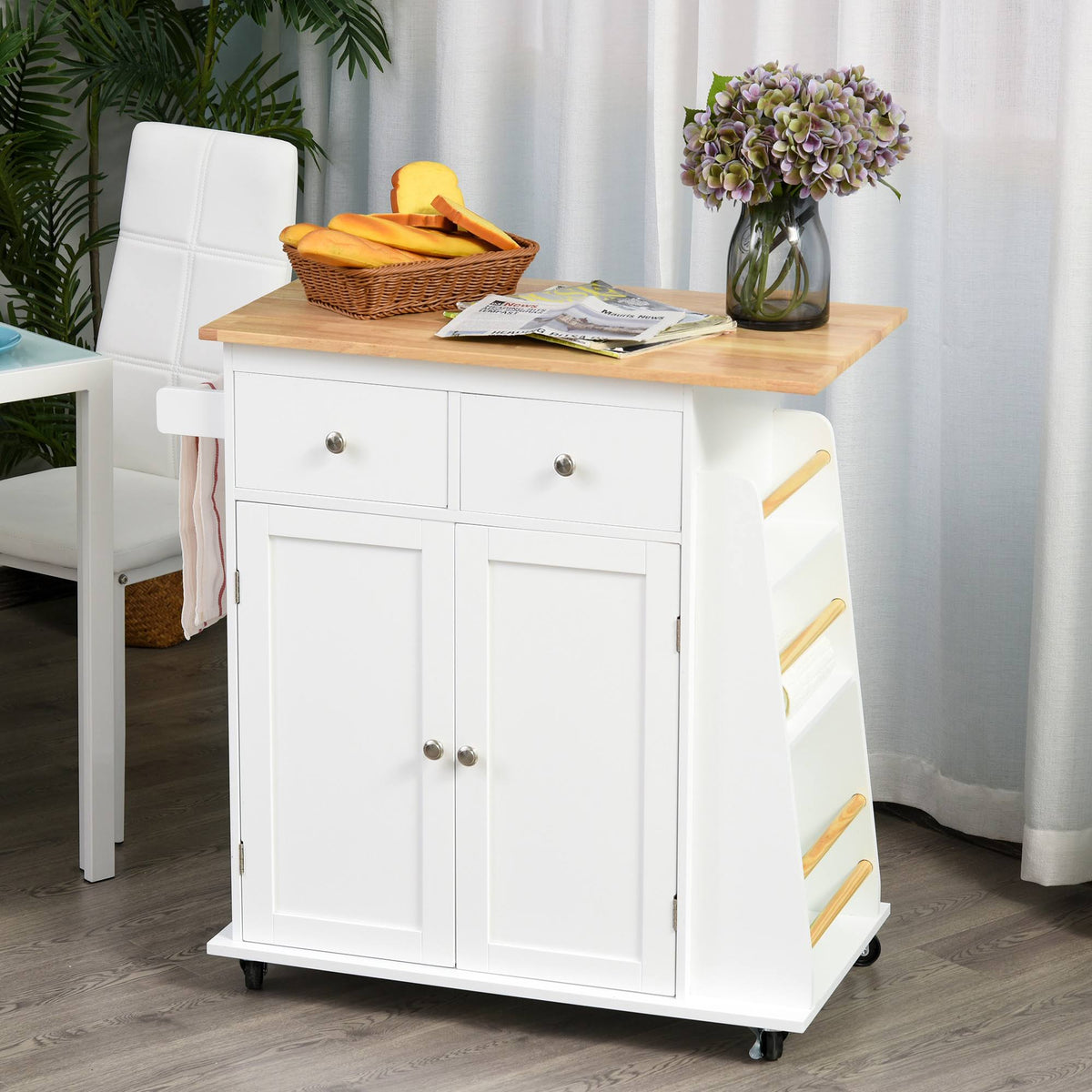 Rolling Kitchen Island Cart with Rubber Wood Top and Drawers C2167