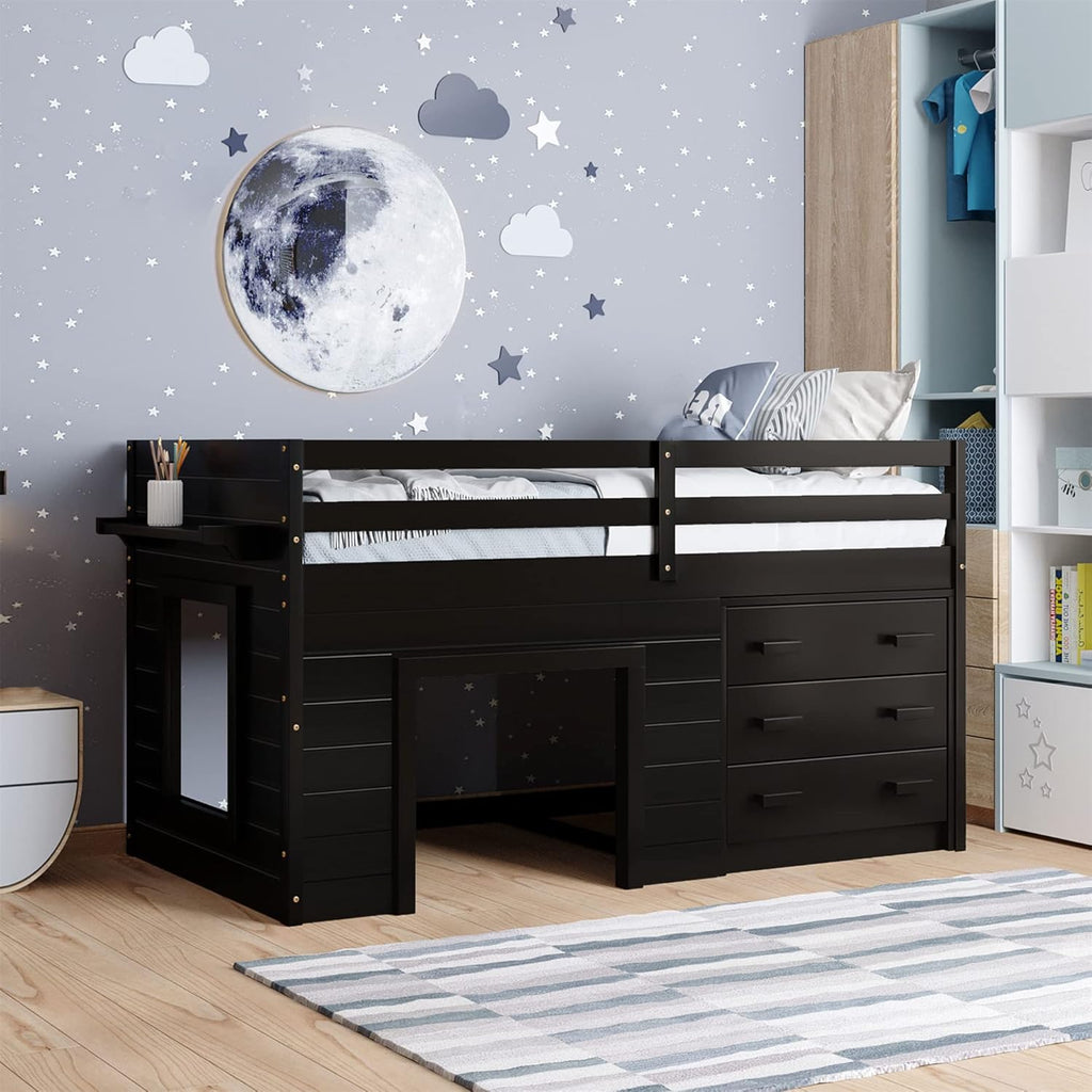 Twin Wood Loft Bed with Storage Drawers P21494