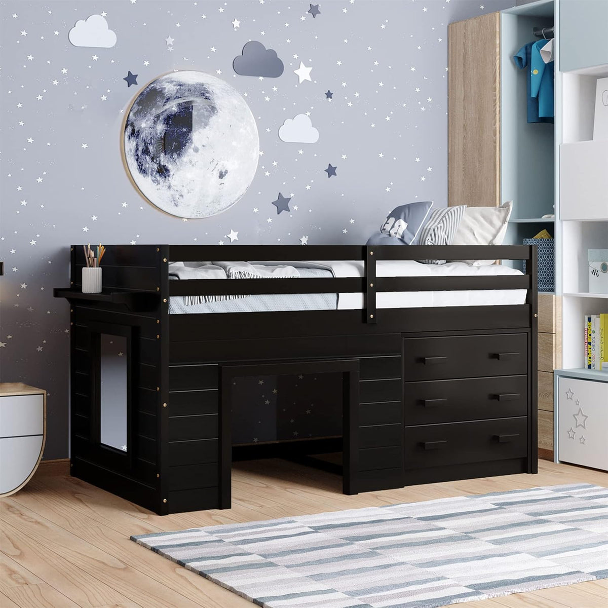 Twin Wood Loft Bed with Storage Drawers P21494