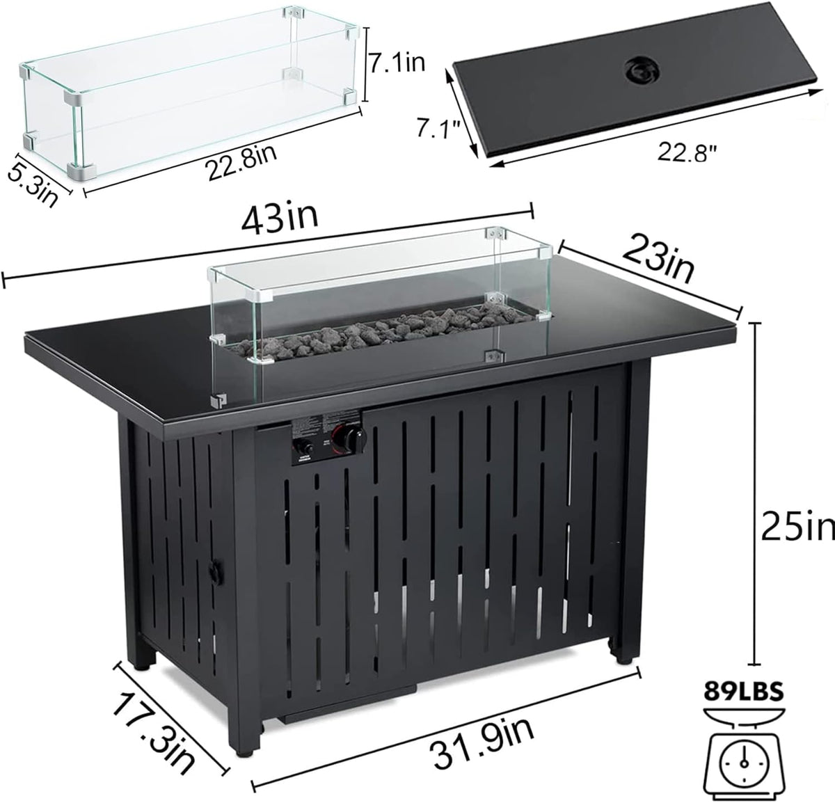 43 Inch 50,000 BTU Propane Fire Pit Table with Glass Wind Guard B983637