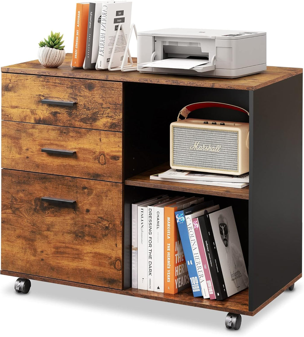 3 Drawer Wood File Cabinet with Open Storage Shelves, Gray Oak T7233