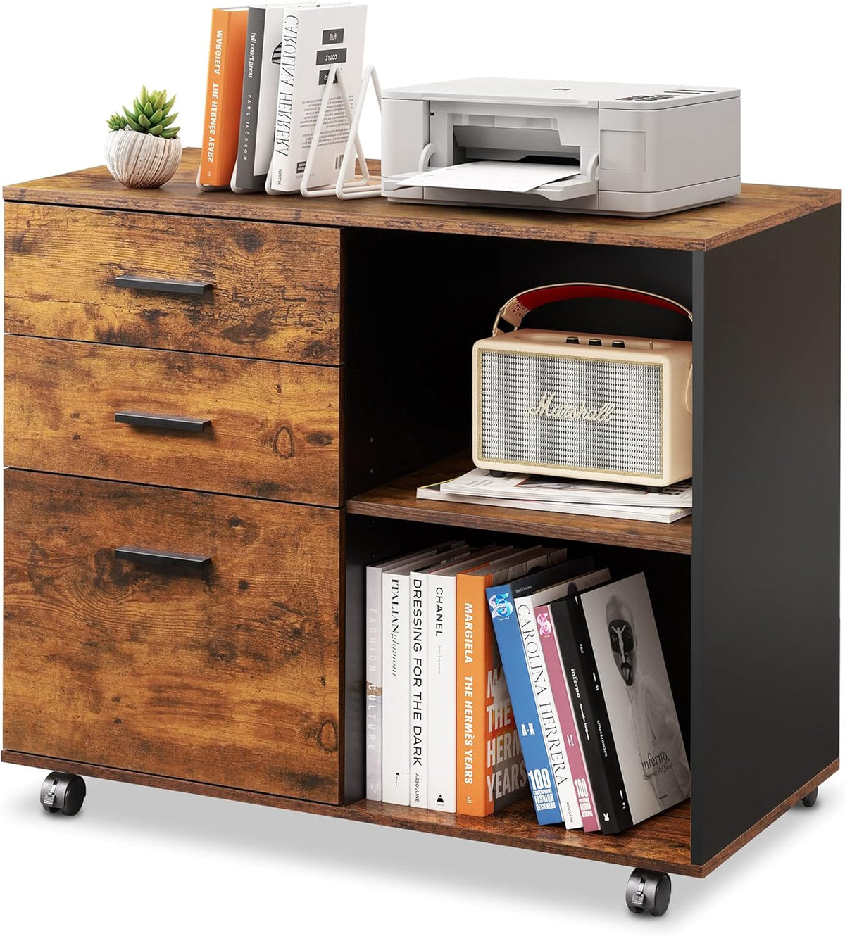 3 Drawer Wood File Cabinet with Open Storage Shelves, Gray Oak T7233