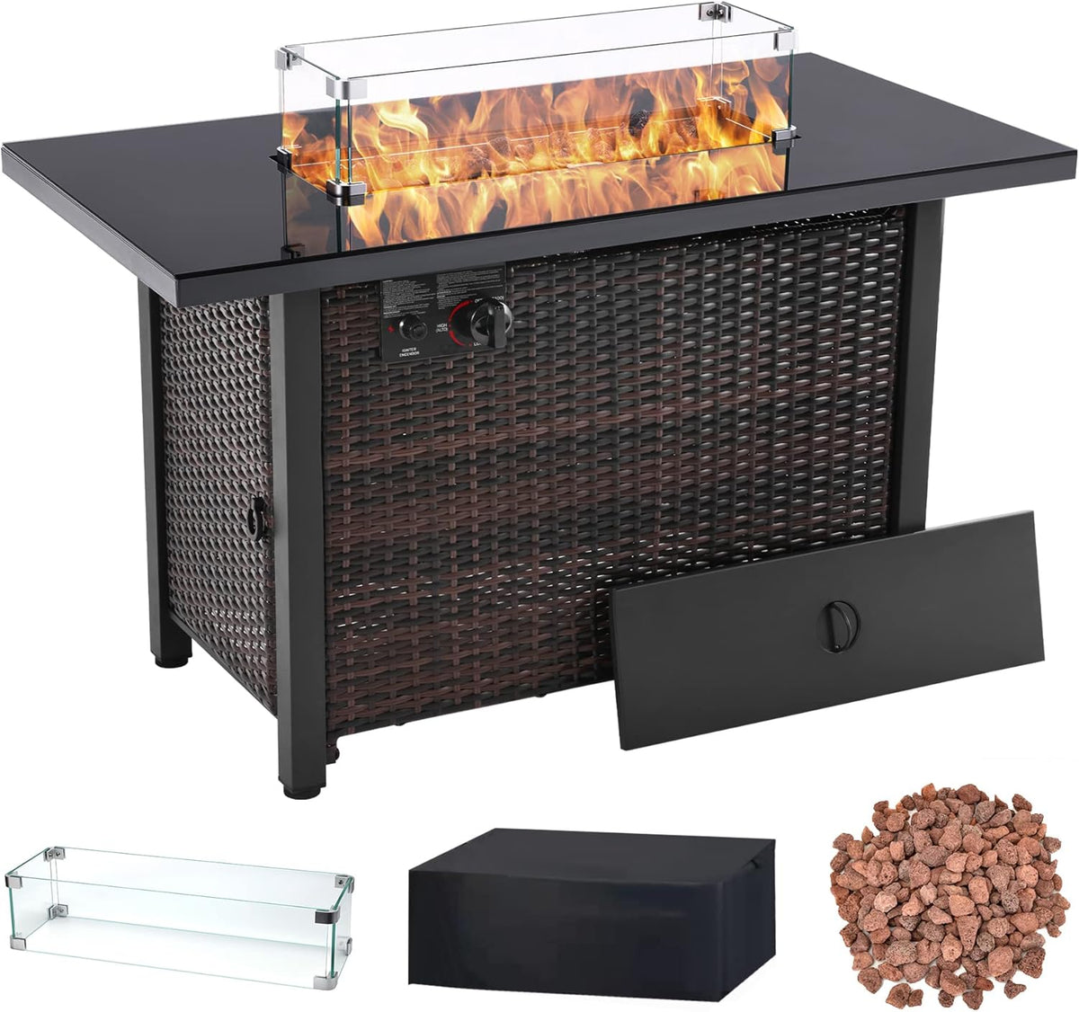 43 Inch 50,000 BTU Propane Fire Pit Table with Glass Wind Guard B983637