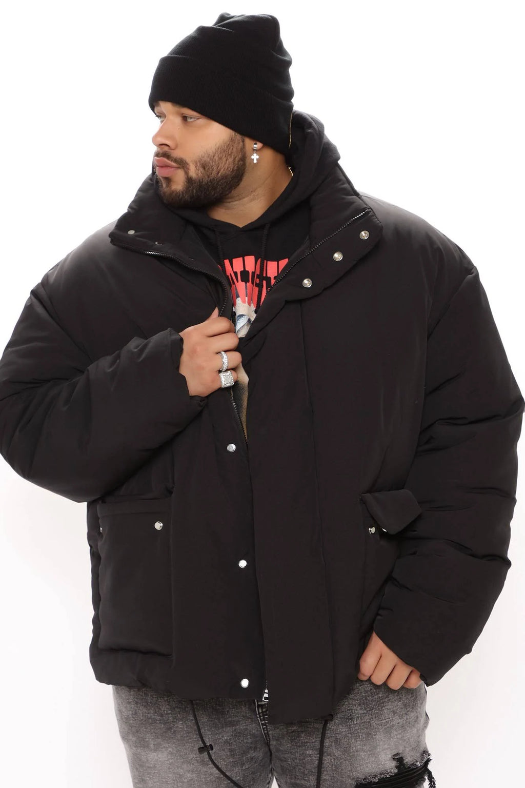 Black Cargo Pocket Puffer Jacket Z120069