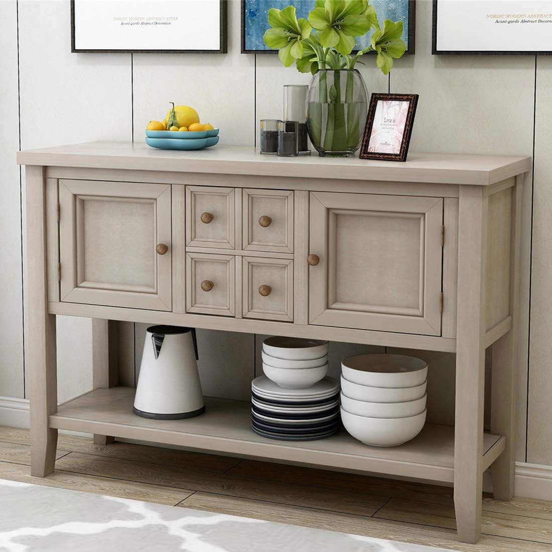 Antique Gray Console Table with Storage Drawers and Bottom Shelf K432