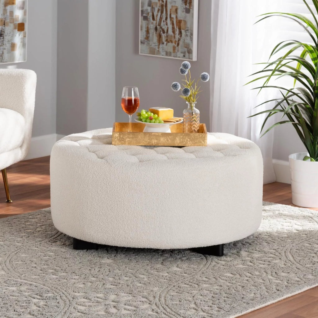 Ivory Boucle Upholstered Black Wood Round Ottoman M180
