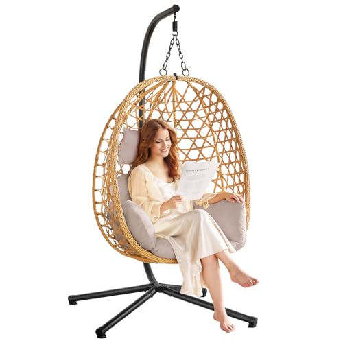Beige Wicker Rattan Egg Chair with Stand U744530