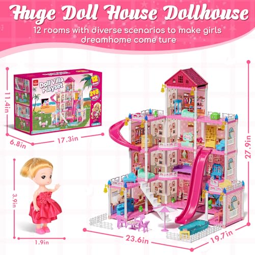 4-Story 12 Rooms Pink Dollhouse with Doll and Furniture J787