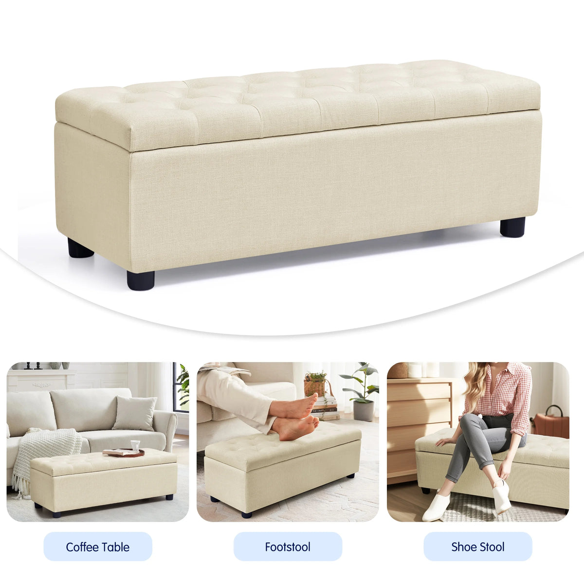 Beige Linen Fabric Storage Ottoman Bench R194620