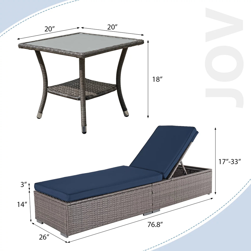 Navy Blue PE Rattan 3 Piece Chaise Lounge Chair with Coffee Table E486
