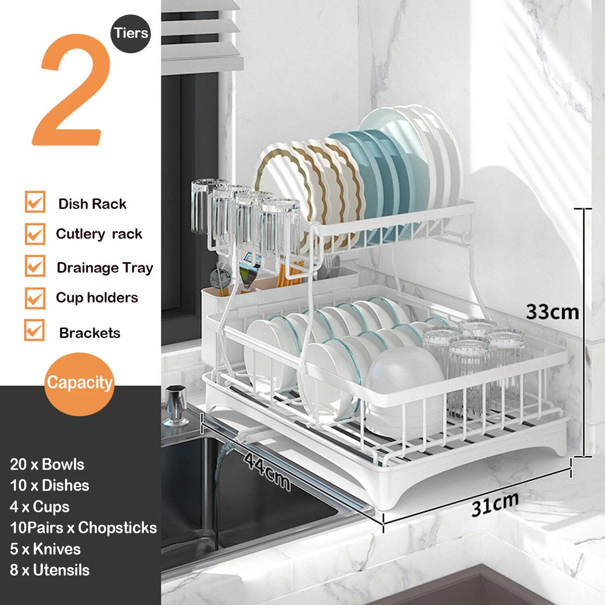 2 Tier Stainless Steel Dish Rack with Drainer J886