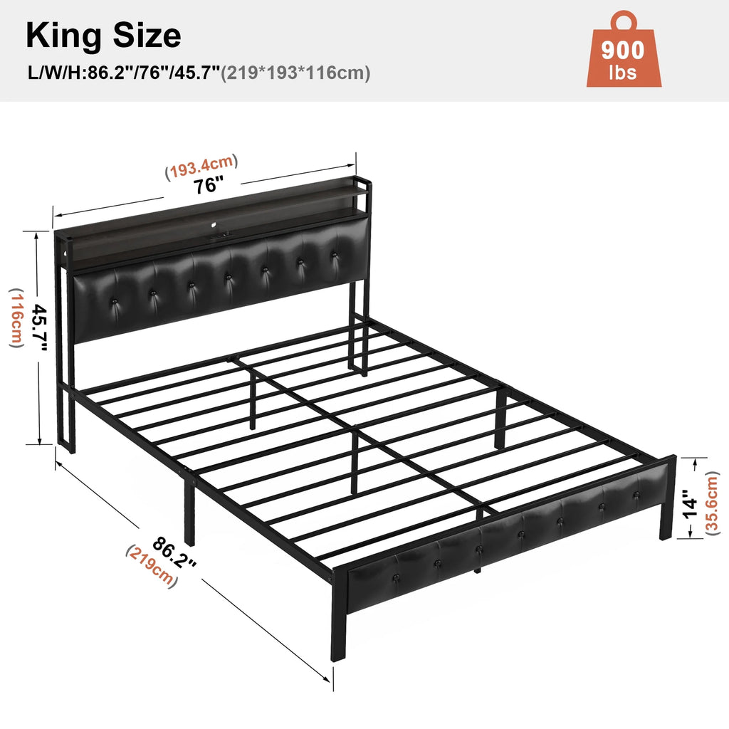 Queen Upholstered Platform Bed Frame with Storage Headboard H128149