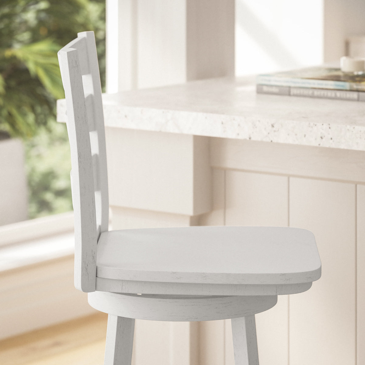 30" Antique White Swivel Bar Height Stool with Wood Seat and Footrest T9284