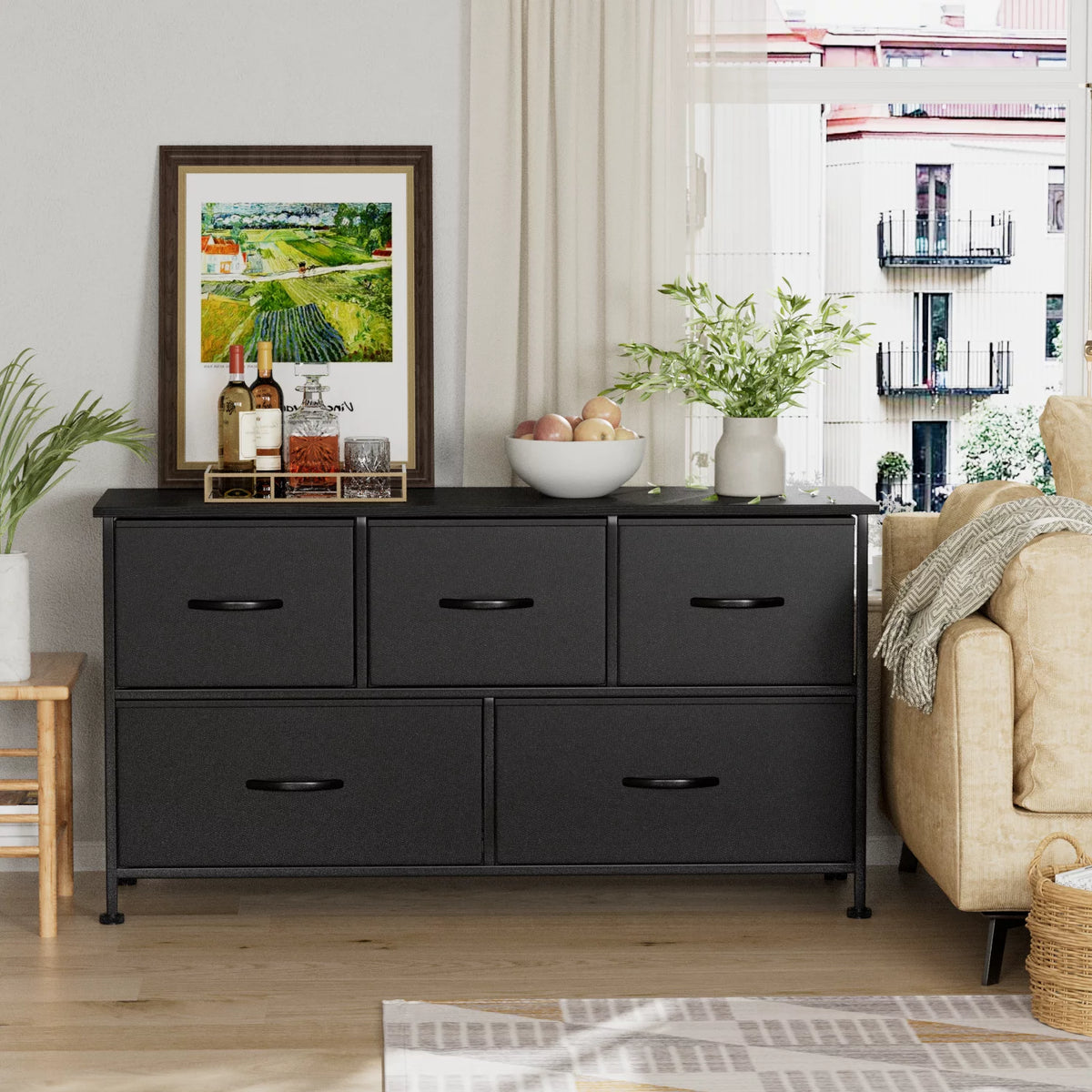 Black 5 Drawer Fabric Dresser T16799
