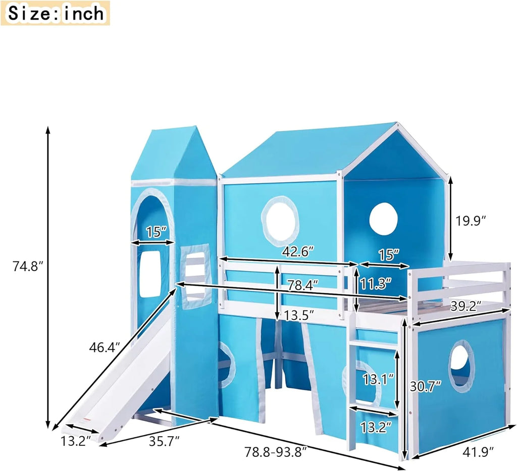 Blue Low Loft Bed with Slide and Curtains U9185